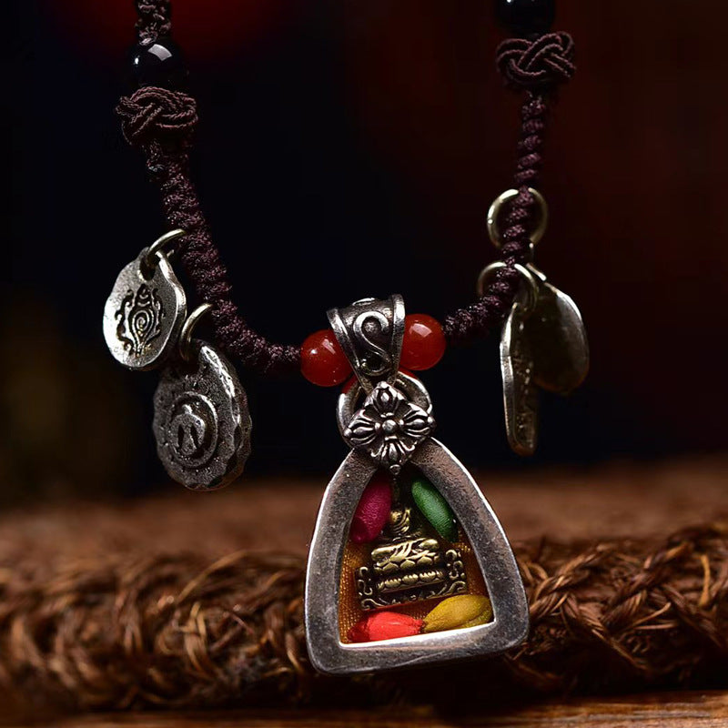 Tibetan Medicine Buddha Gau Pendant Handwoven Adjustable Necklace