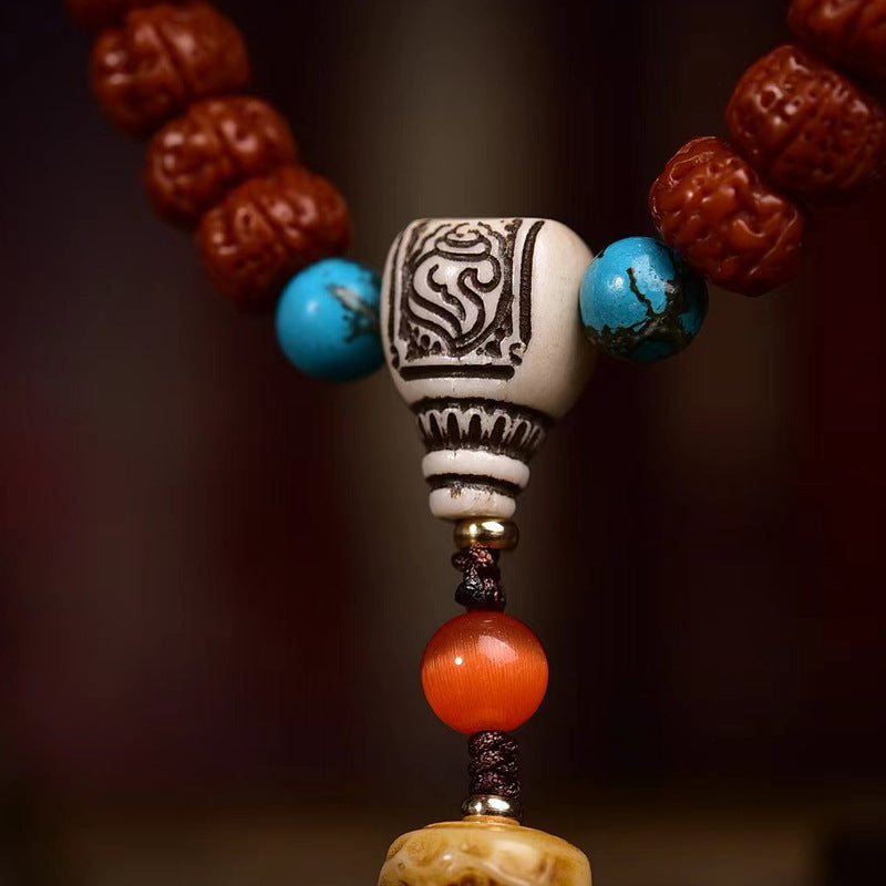 108 Beads Tibetan Bodhi Seed Mala With Tassel | Wealth Luck Meditation Bracelet featuring decorative beads and tassel.