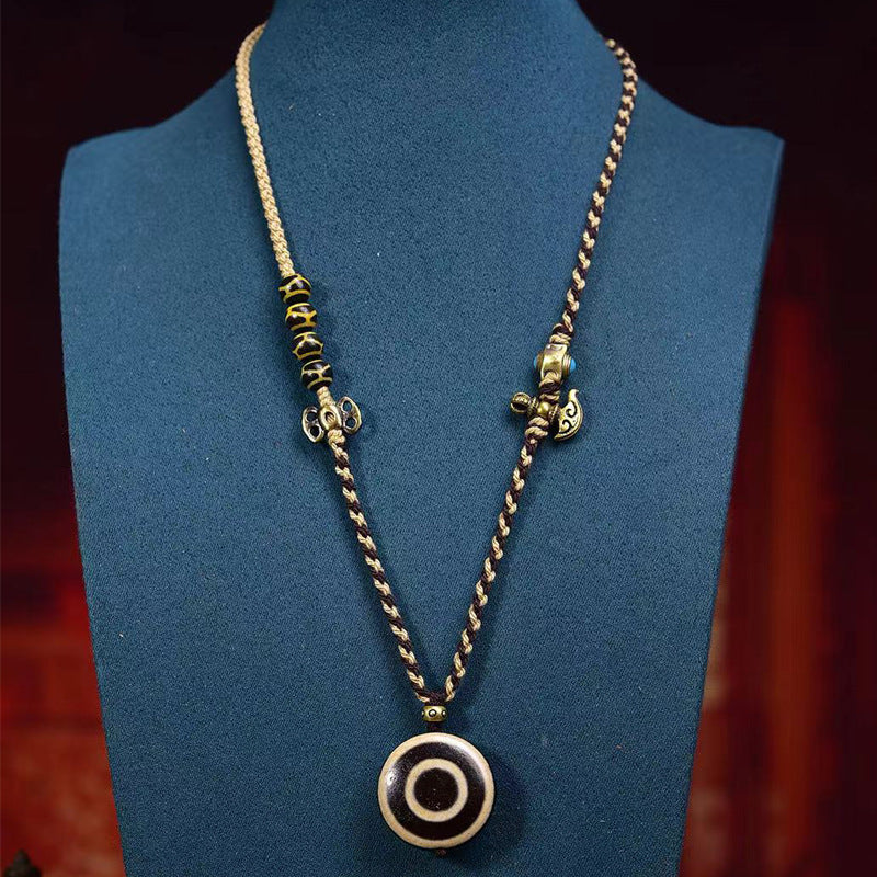 Handwoven Natural Agate Flat-Eyes Dzi Bead Necklace | Tibetan Talisman