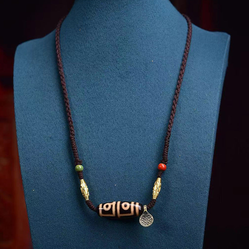 Tibetan Nine-Eye Dzi Pendant Handmade Braided Adjustable Rope Necklace