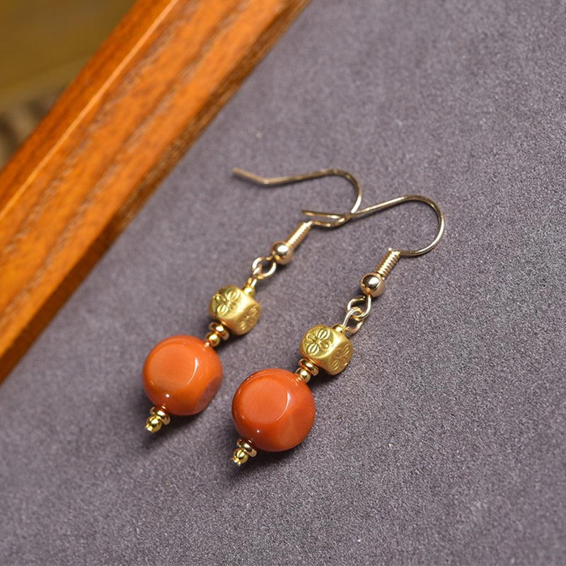 Natural Agate Earrings with Copper 'Profound Yin Four Symbols' Pendant