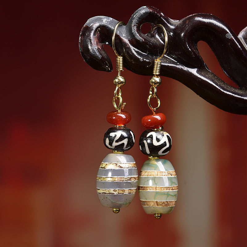 Attract Luck Vitality Earrings|Natural Agate Dzi Earrings with Water Patterns