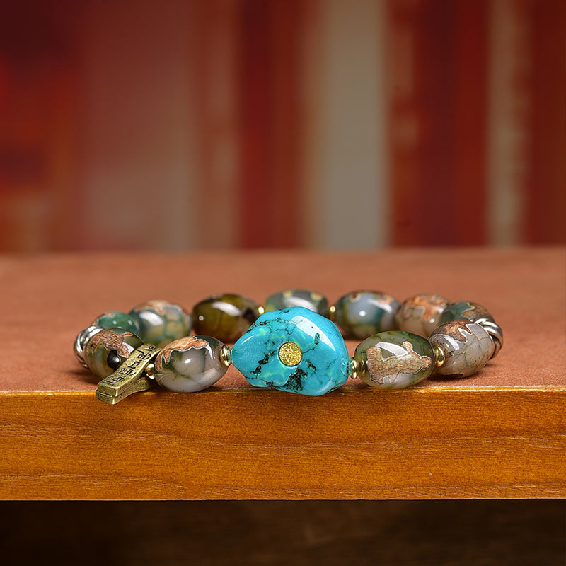 Tibetan Single Wrap Bracelet Ethnic Jewelry with Agate Dzi Bead & Turquoise