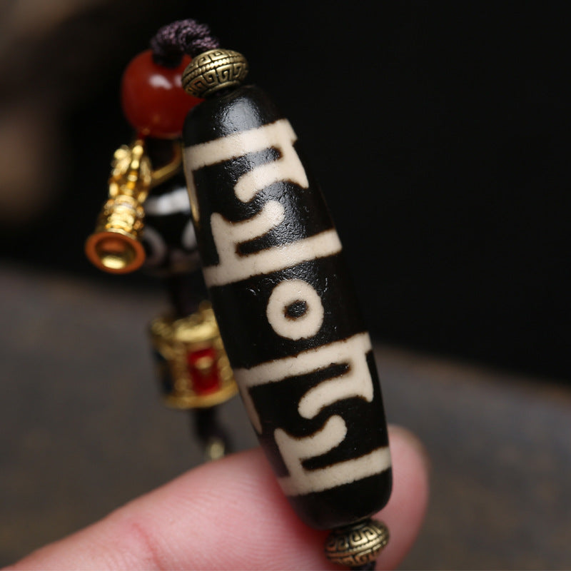 Natural Bloodspot Agate Three-Eye Dzi Bracelet | Tibetan Handmade Grounding Jewelry