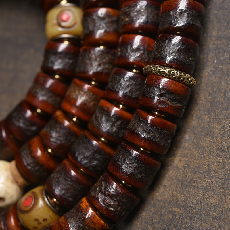 Tibetan 108 Mala Beads Yak Bone Bracelet with Bagua Pendant for Protection