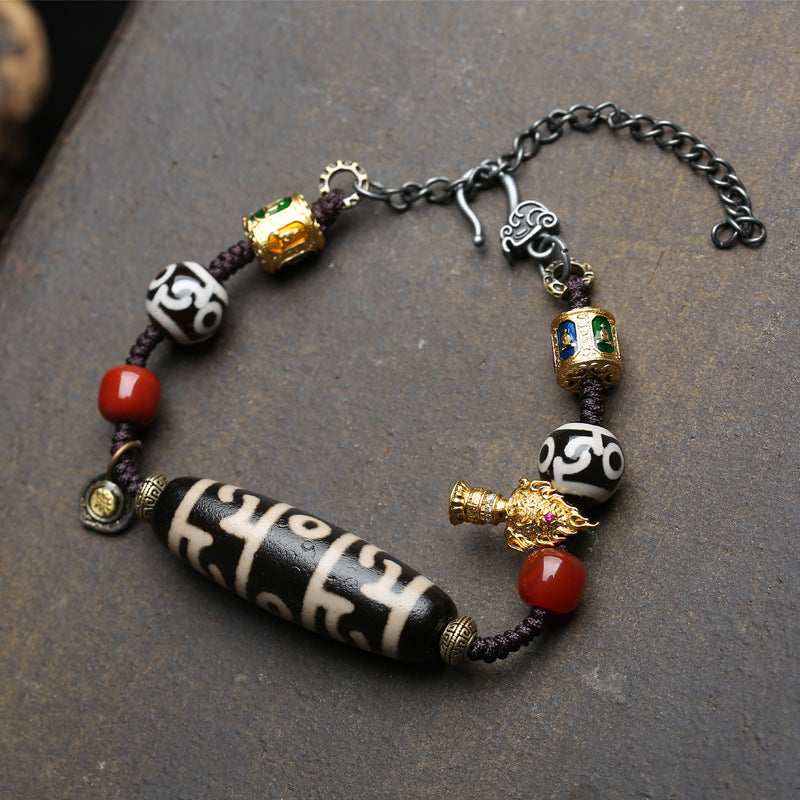 Genuine Natural Bloodspot Agate Three-Eye Dzi Bracelet, Traditional Tibetan Craft