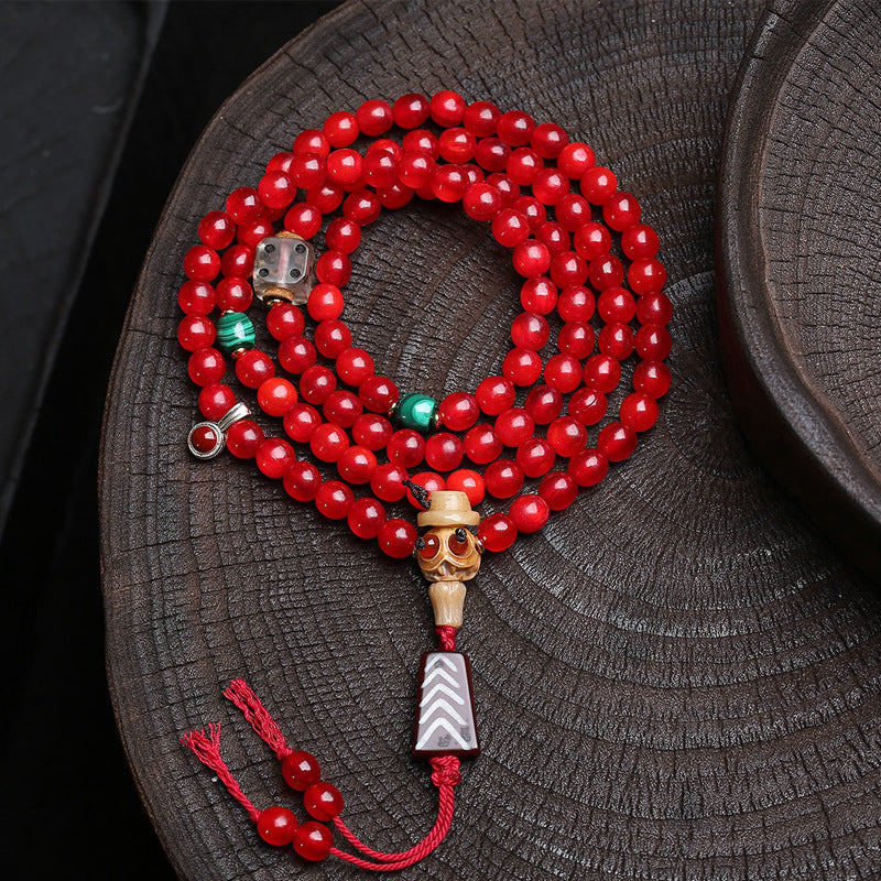 Handcrafted Red Agate Mala Bracelet with Turquoise & Bone Beads