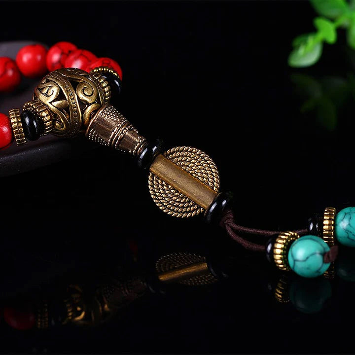 Handmade Tibetan Red Agate Mala Bracelet with Turquoise Accents