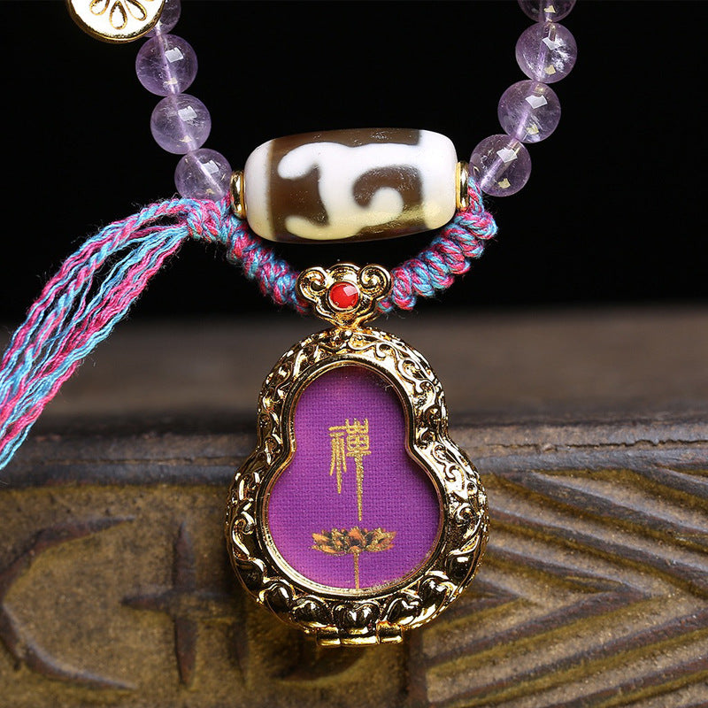 Handmade amethyst prayer bead necklace with colorful cultural tassel