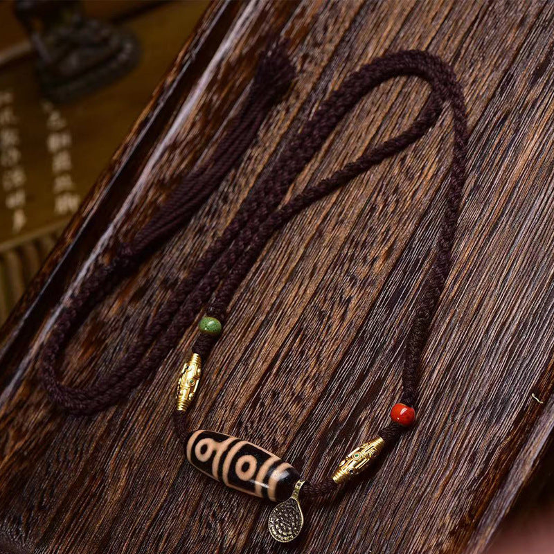 Handmade braided rope adjustable necklace with nine-eye dzi bead