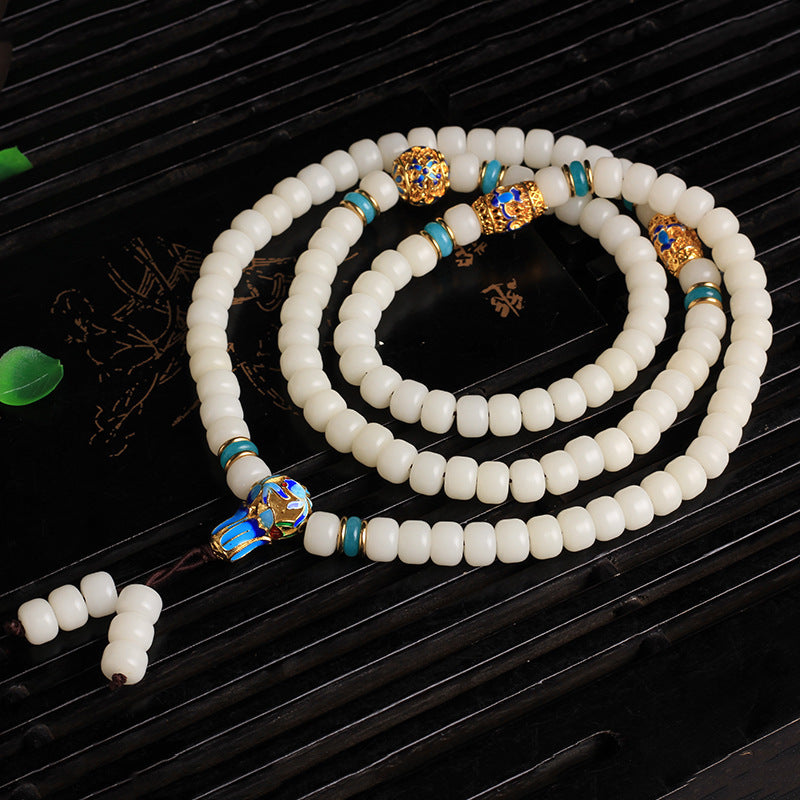 Handmade Natural White Bodhi Seed 108 Mala Bracelet with Elastic String
