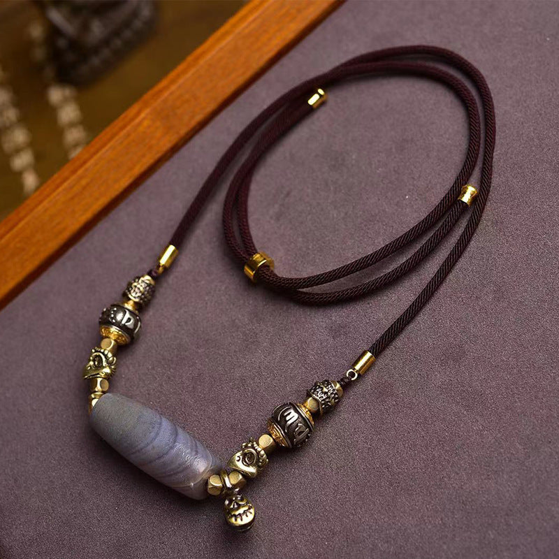 Handmade Tibetan Dzi Bead Necklace Adjustable Braided Cord