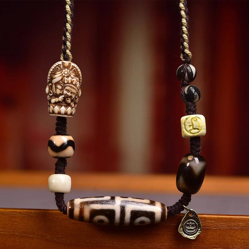 Handwoven adjustable cord four-eyes dzi spiritual necklace