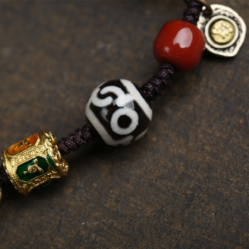 Natural Bloodspot Agate Three-Eye Dzi Bead Bracelet with Tibetan Handmade Craft