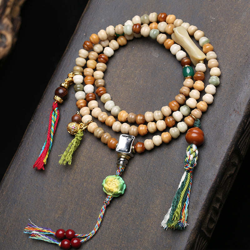 Natural Bodhi Seed 108 Mala Bracelet with Agate, Copper and Tassel Details