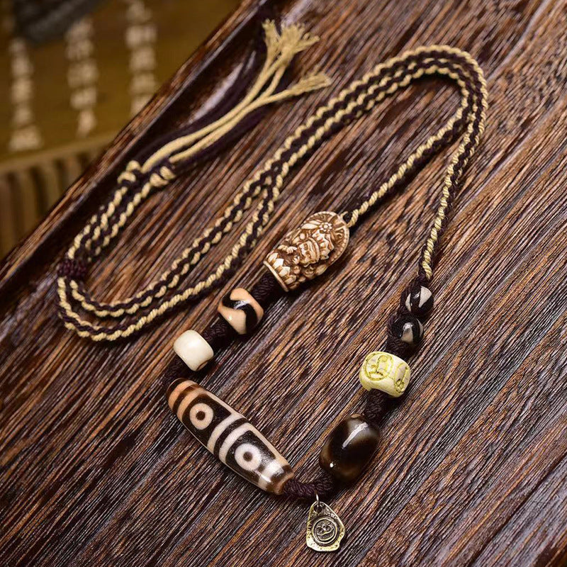 Natural agate four-eyes dzi handmade braided rope adjustable necklace