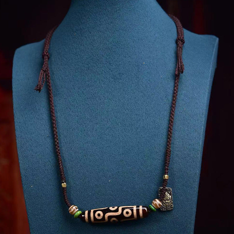 Natural agate nine-eye dzi handmade adjustable rope necklace