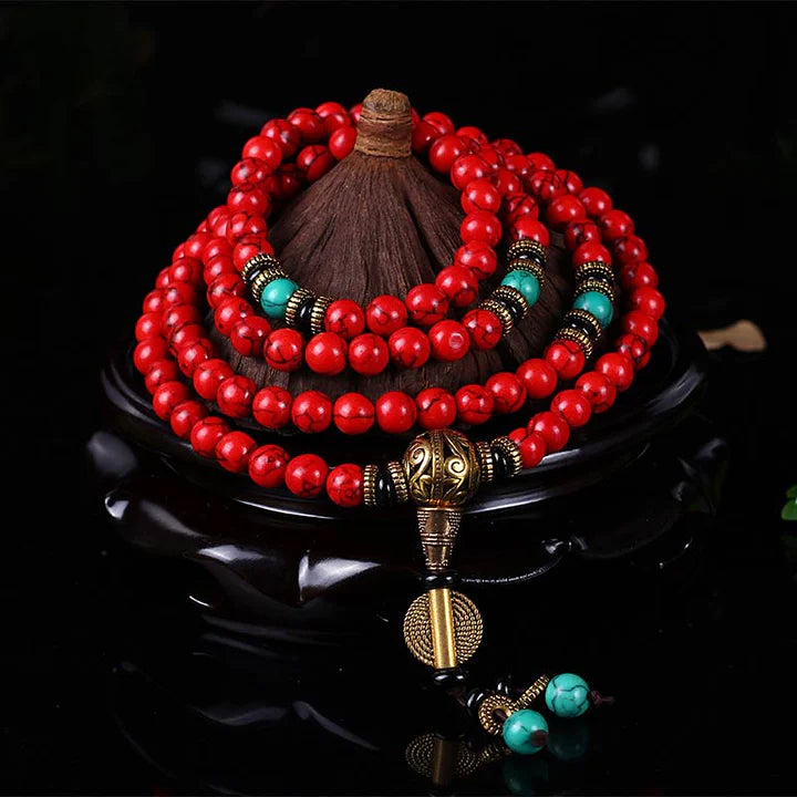 Red Agate & Turquoise 108 Mala Bracelet – Tibetan Prayer Beads