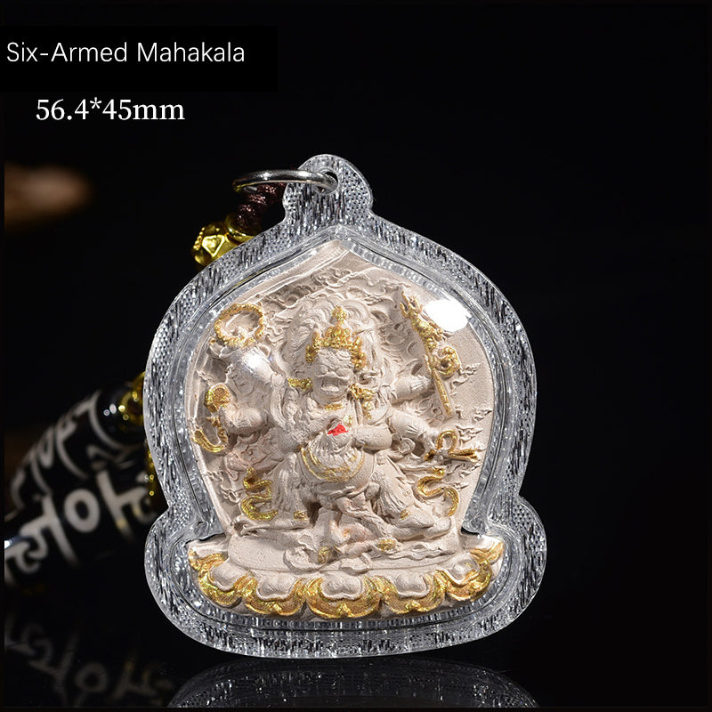 Six-Armed Mahakala amulet measuring 56.4*45mm, showcasing intricate details and craftsmanship.