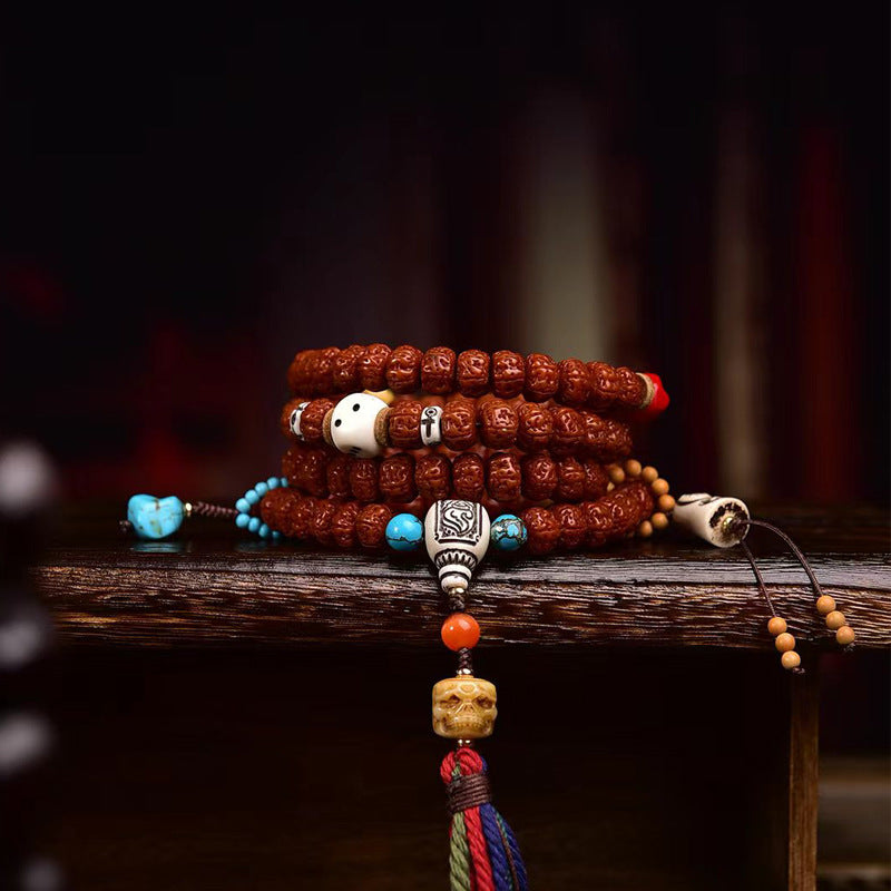 Tassel Detail of Handmade 108 Bodhi Seed Mala Bracelet
