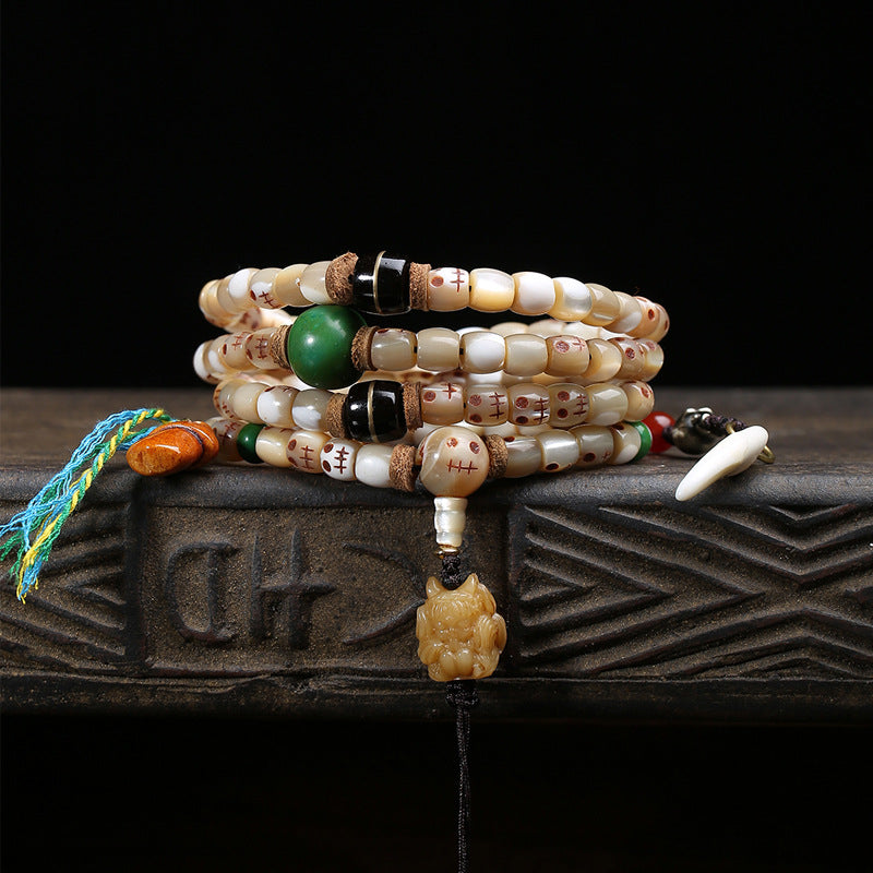 Tibetan Natural Bone 108 Mala Bracelet with Hand Carved Vintage Bone Pendant