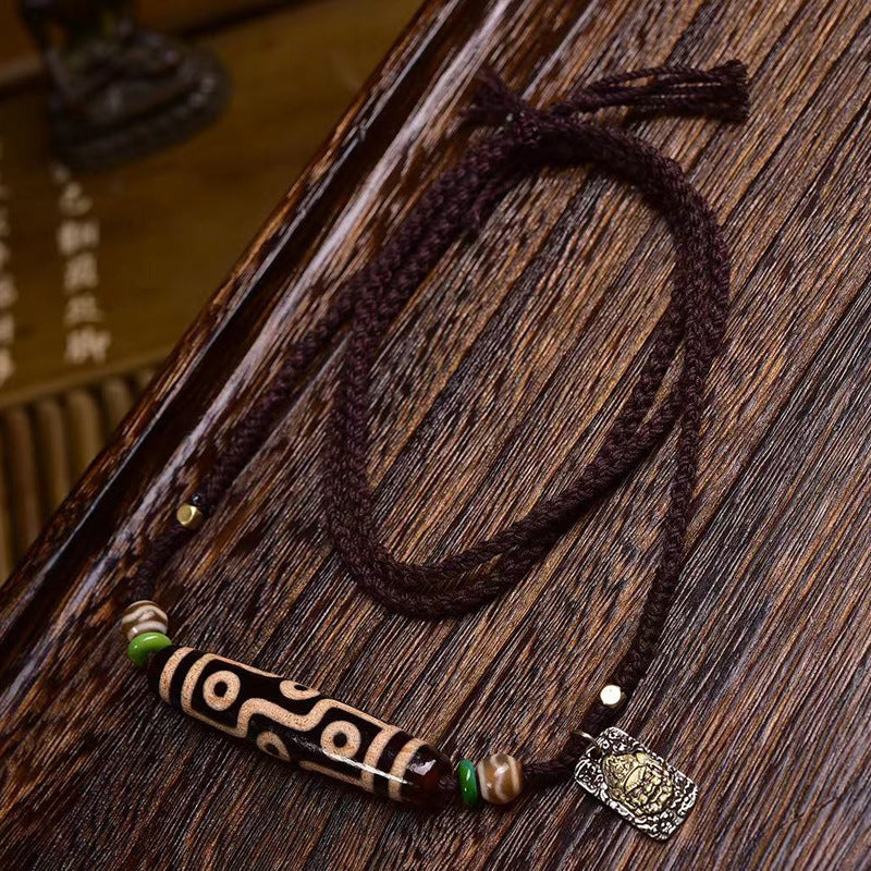 Tibetan Nine-Eye Dzi Pendant Handmade Braided Rope Adjustable Necklace