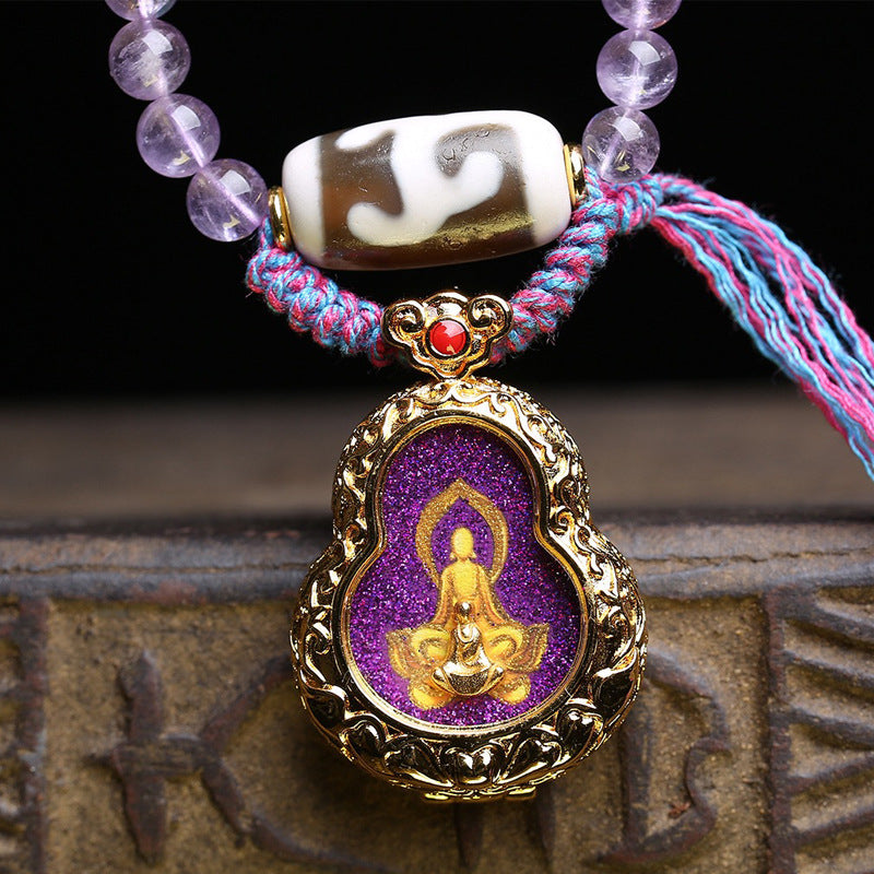 Tibetan spiritual jewelry featuring amethyst, red agate and dzi beads