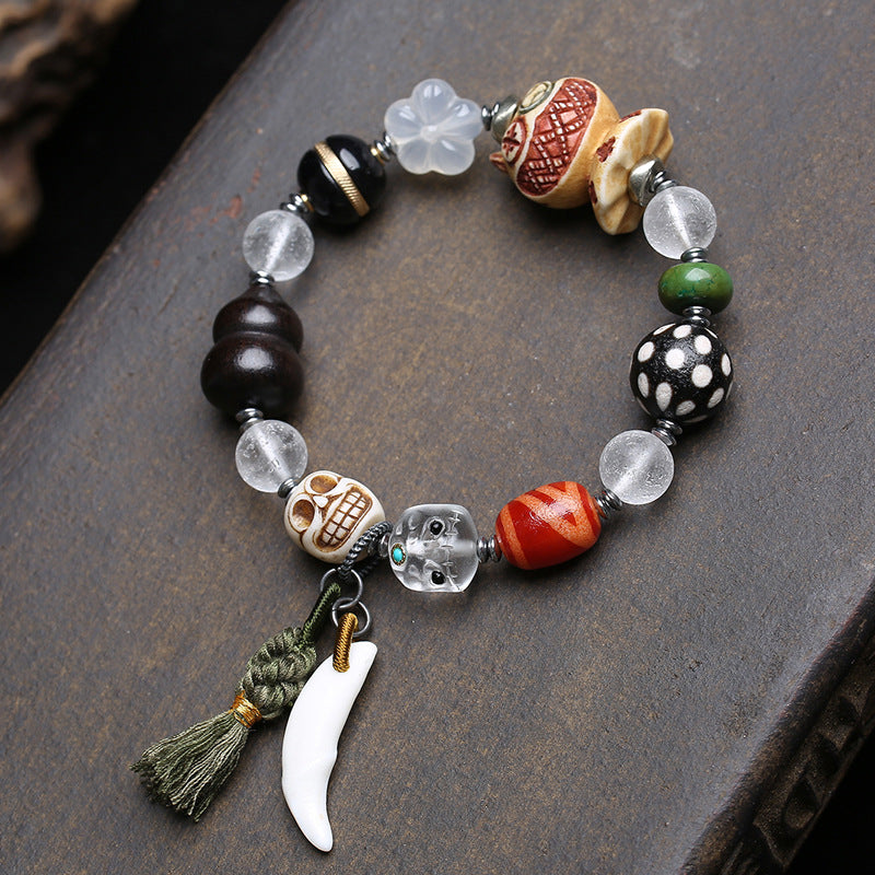 Tibetan Multi-Stone Dzi Bead Bracelet with Agate, Crystal & Carved Details