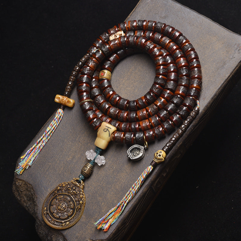 Tibetan 108 mala beads yak bone bracelet with bagua pendant for protection
