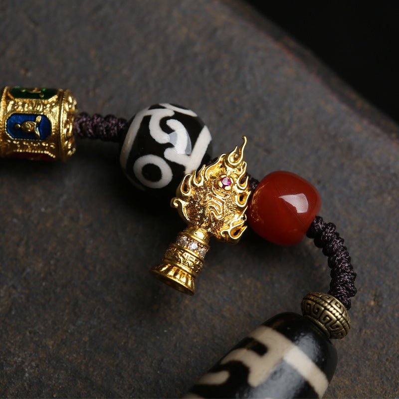 Traditional Tibetan Craft Natural Bloodspot Agate Three-Eye Dzi Bracelet
