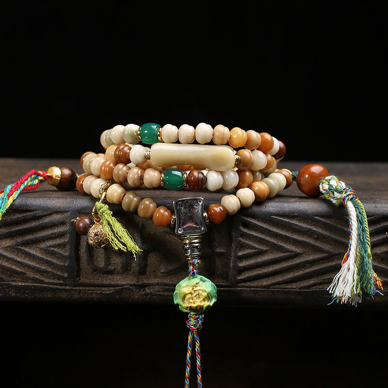 Unisex Natural Bodhi Seed Mala with Agate Accents for Meditation