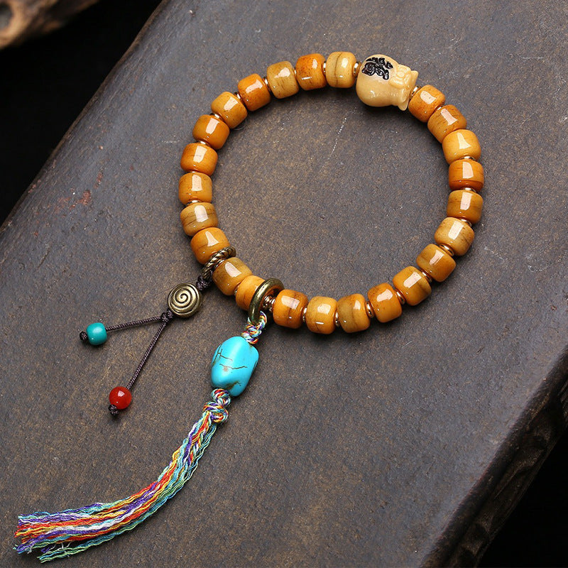 Vintage Bone & Natural Agate Mala Bracelet - Tibetan Talisman for Impermanence