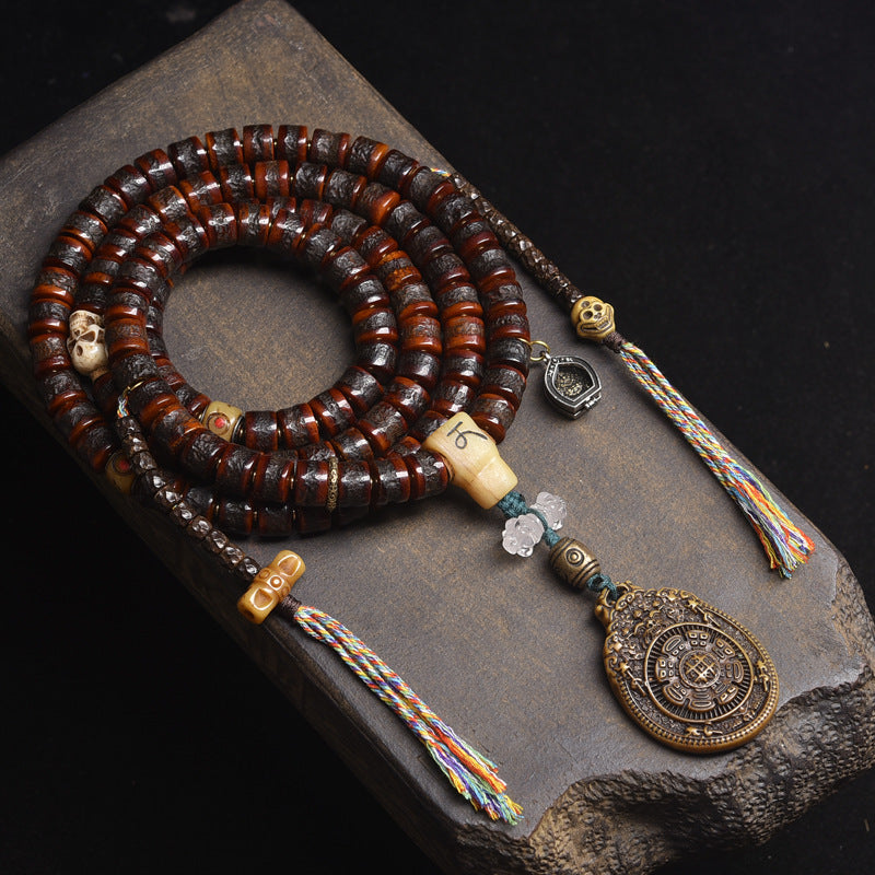 Tibetan 108 Mala Beads Yak Bone Bracelet with Bagua Pendant for Protection
