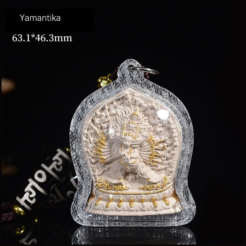 Thousand-Armed Chenrezig pendant shown with intricate detailing and dimensions 63.1*46.3mm, exemplifying Tibetan craftsmanship.