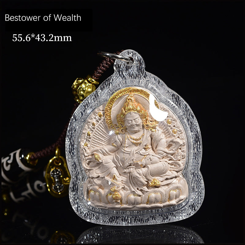 Thousand-Armed Chenrezig pendant displayed with intricate details and protective casing for spiritual enhancement.