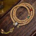 Aged star moon bodhi 108 bead prayer mala with colorful inlay and red agate accents