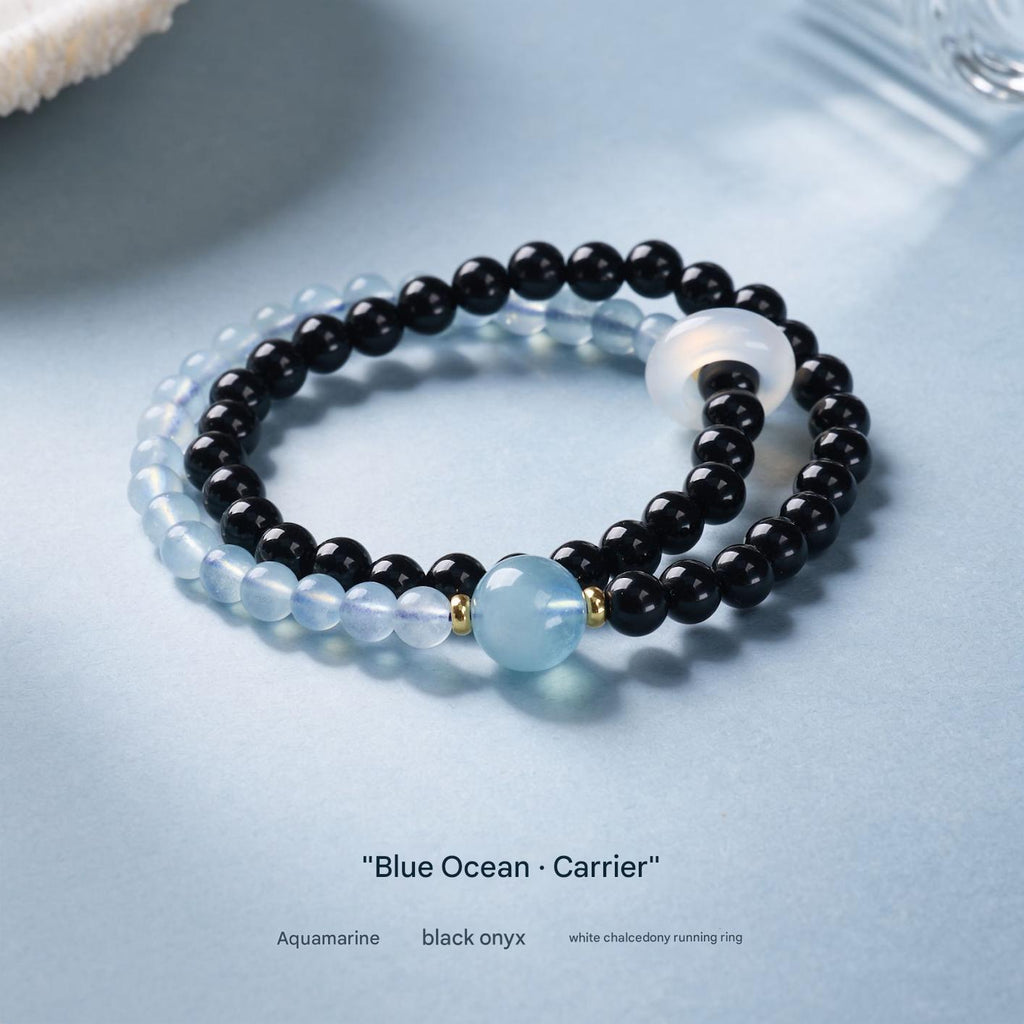 Black Obsidian & Aquamarine Double Wrap Bracelet — Healing & Protective Beads