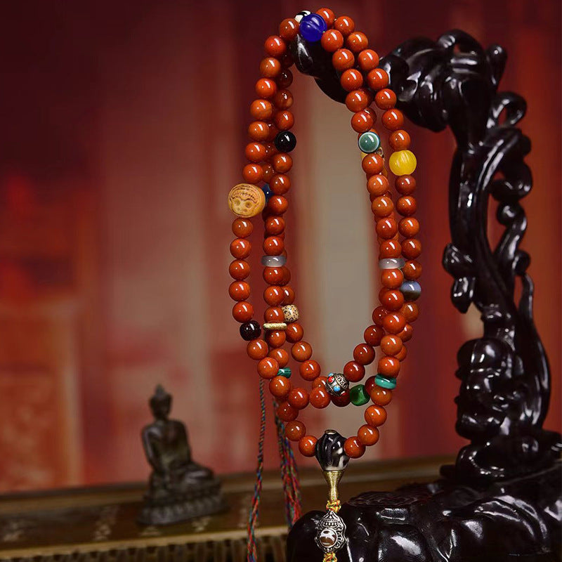 Full view 108 bead natural red agate tibetan prayer mala necklace