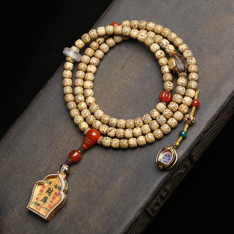 Hand-painted Treasure House Thangka pendant with Tibetan aged seed star moon bodhi 108 mala beads flat lay