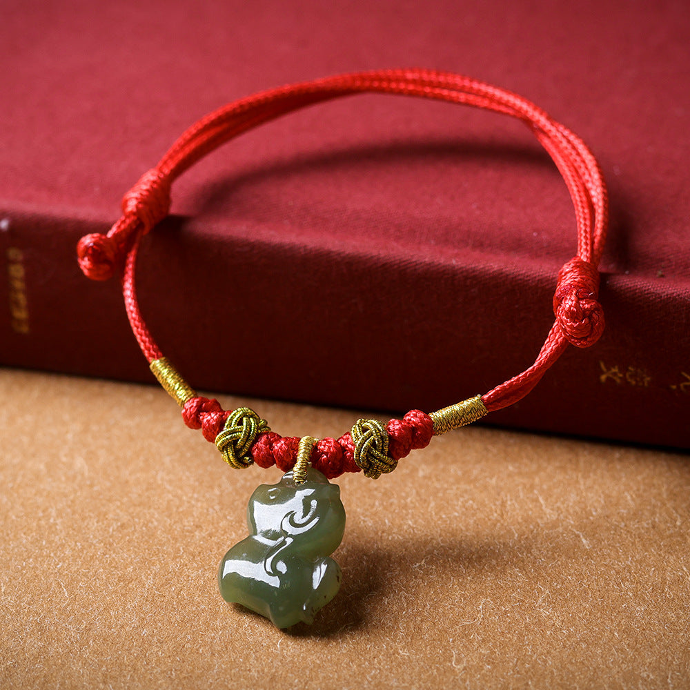 Lucky Red String Bracelet – Tibetan Hetian Jade Horse Pendant, Adjustable Woven Jewelry