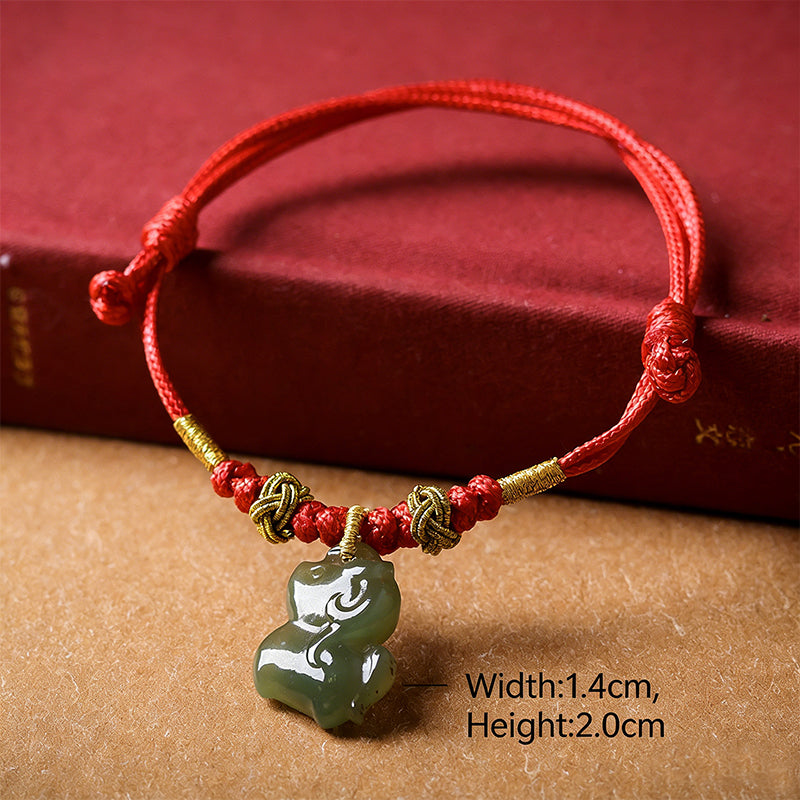 Lucky Red String Bracelet – Tibetan Hetian Jade Horse Pendant, Adjustable Woven Jewelry