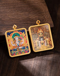 Miniature Dragon King Thangka, pocket-sized brass amulet featuring Oriental God of Wealth and intricate designs.