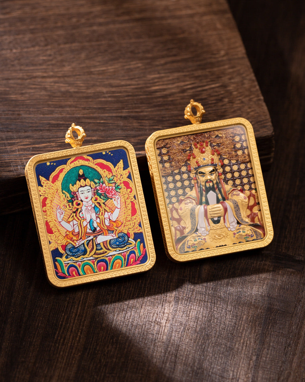 Miniature Dragon King Thangka, pocket-sized brass amulet featuring Oriental God of Wealth and intricate designs.