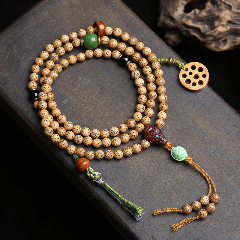 Natural aged yellow star moon bodhi 108 mala beads, traditional Buddhist prayer beads for spiritual practice