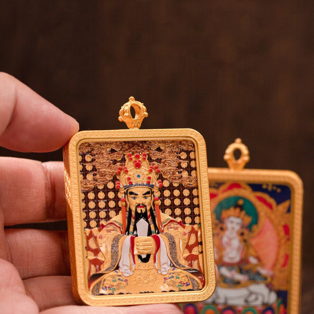 Miniature Dragon King Thangka | Handcrafted brass amulet depicting the Dragon King of Mount Wutai for wealth and protection.