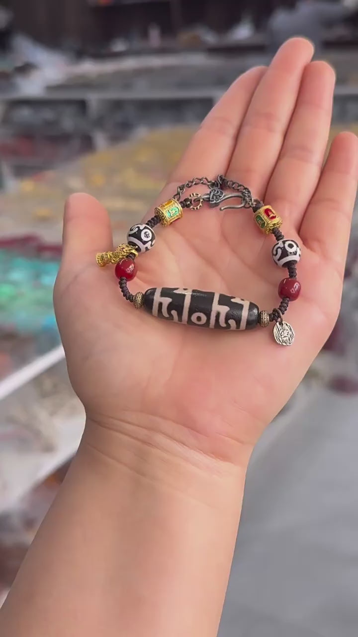 Natural Bloodspot Agate Three-Eye Dzi Bracelet | Tibetan Handmade Grounding Jewelry