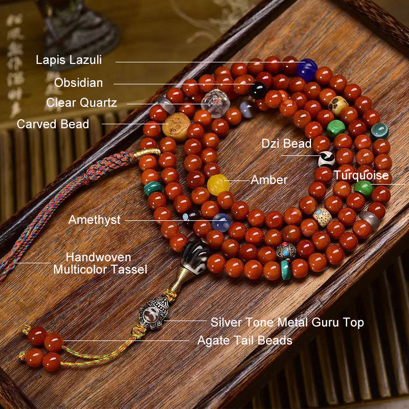 108 natural red agate mala beads, decorated with turquoise, lapis lazuli, dzi bead and silver metal spacers