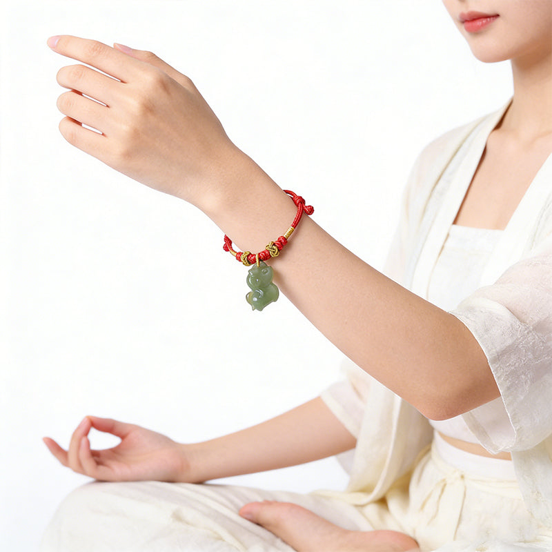 Lucky Red String Bracelet – Tibetan Hetian Jade Horse Pendant, Adjustable Woven Jewelry