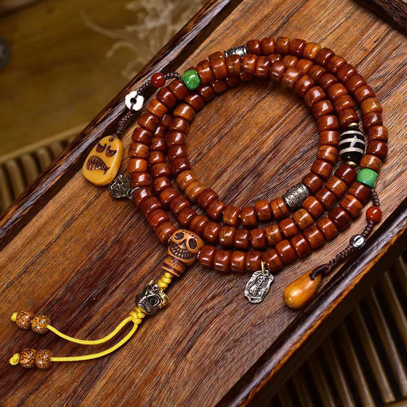 Tibetan Nine-Eye Dzi Bead Mala Bracelet | Bone & Agate Spiritual Prayer Beads