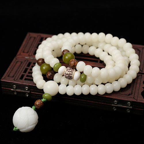 108 White Jade Bodhi Seed Mala Bracelet Handmade Yoga Jewelry for Women